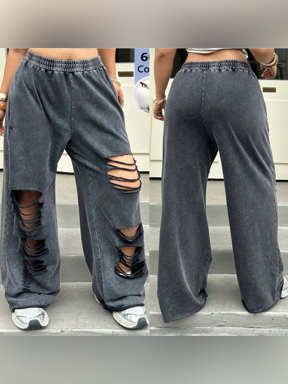 SHEINCurve Washed Black Wide-Leg Distressed Pull-On Pants